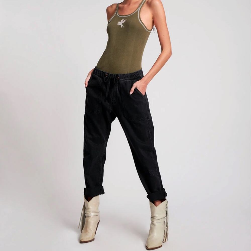 One Teaspoon | Women’s Shabbies Drawstring Boyfriend Worn Black Jeans Denim Pant